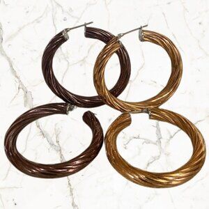 Twisted Rope Hoop Earrings, 2 Pairs, Stainless Steel Gold/Brown Tone